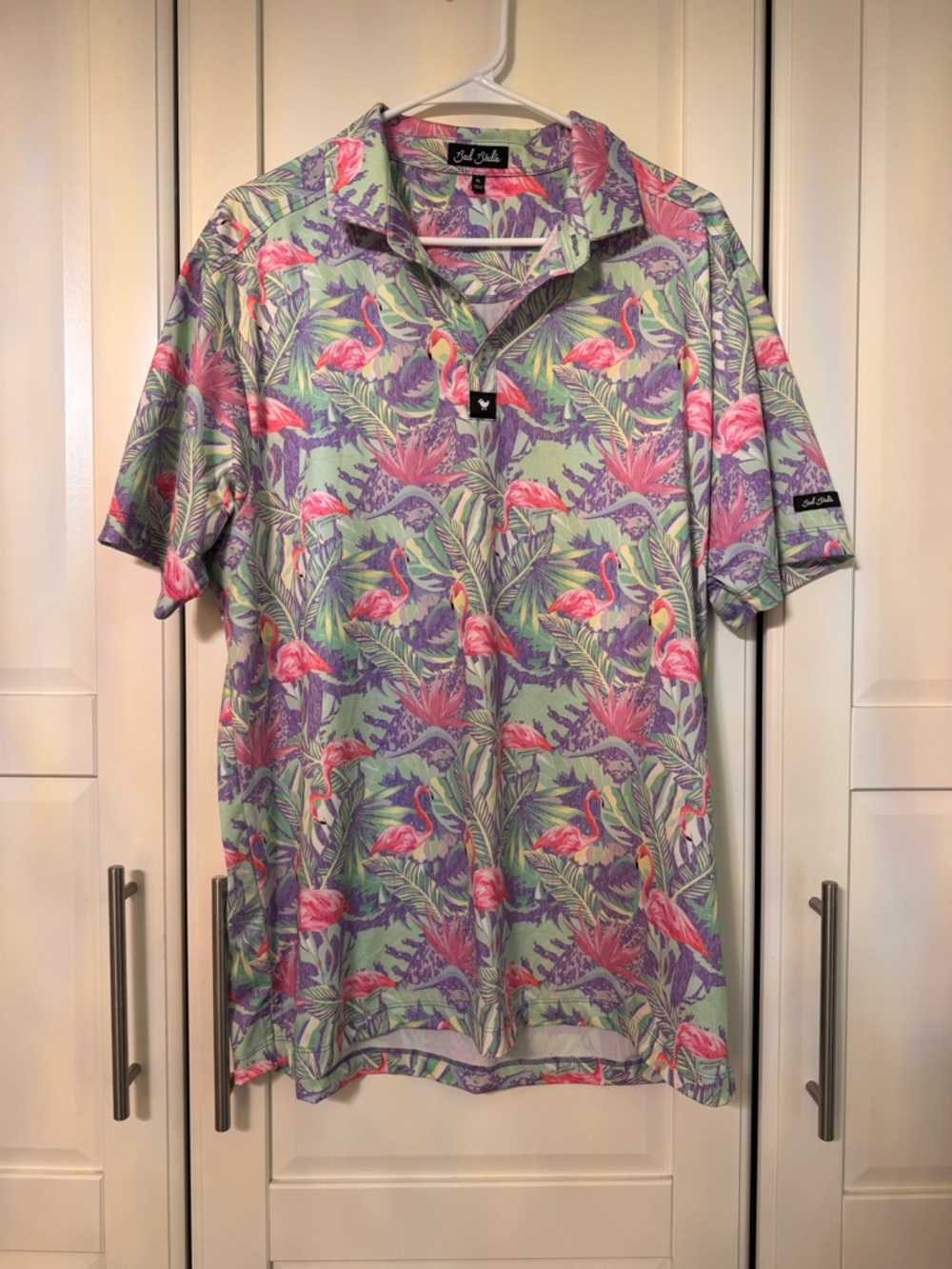 Bad Birdie Flamingo Golf Polo Shirt Tropical Print Pink Green XL Performance